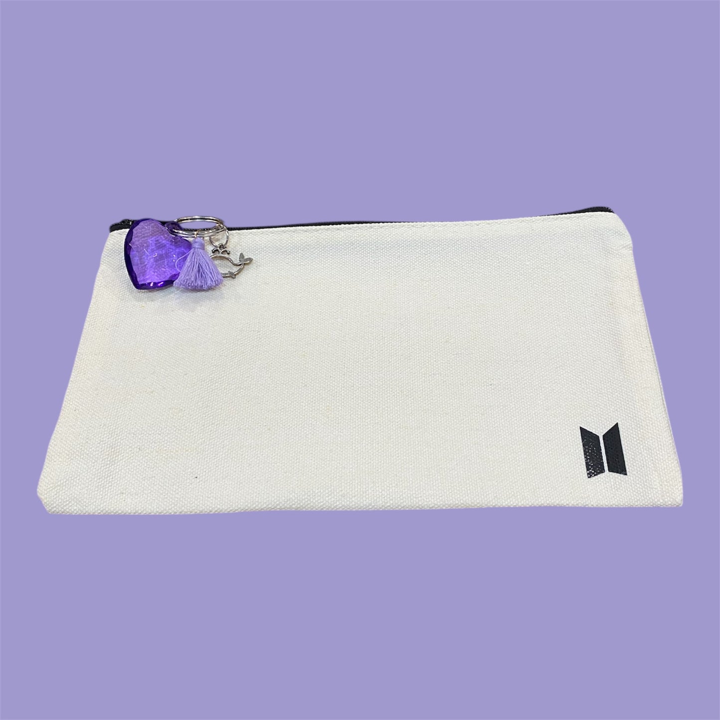 Personalized Bngtn Minimalist Black Cosmetic/Pencil Pouch: Purple Heart Charm Zipper Pull