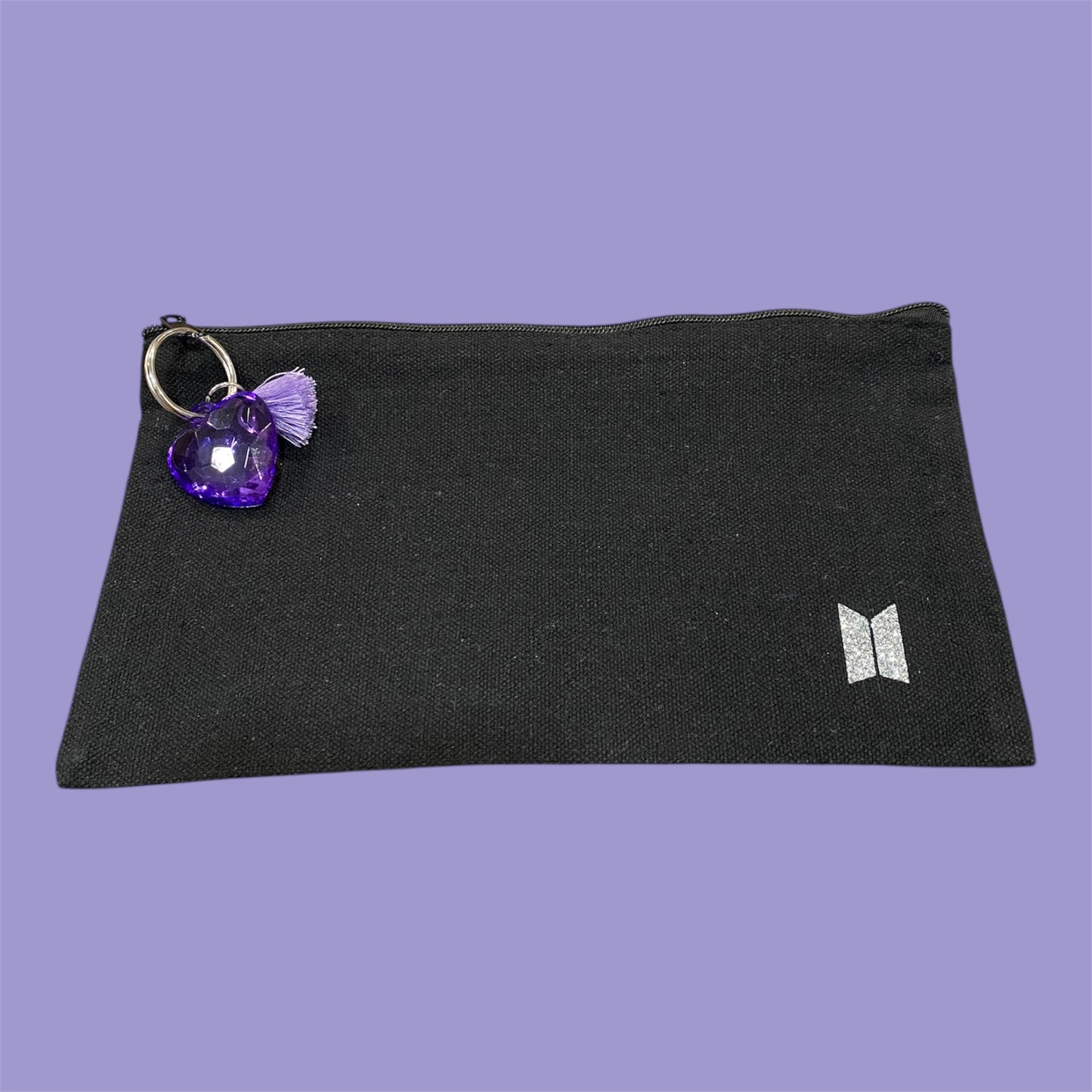 Personalized Bngtn Minimalist Black Cosmetic/Pencil Pouch: Purple Heart Charm Zipper Pull